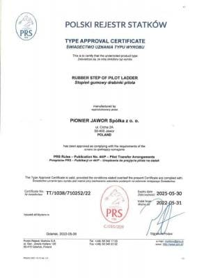 certyfikat Polskiego Rejestru Statków stopień gumowy